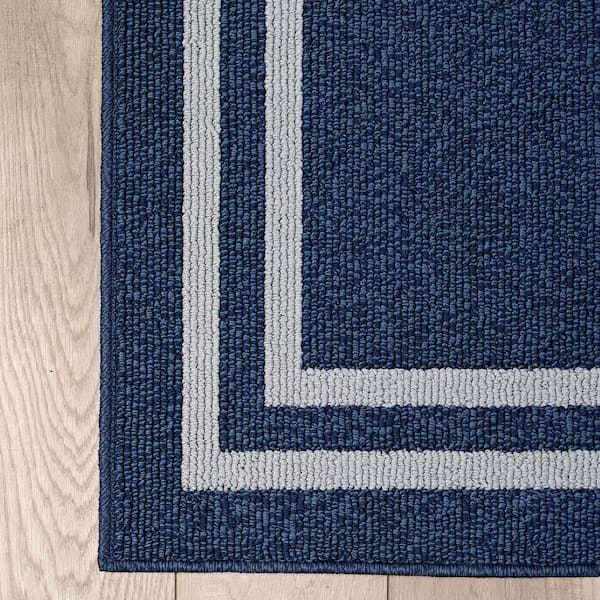Machine Washable Non-Skid Denim Blue Twist/Light Gray 2.5 ft. x 10 ft. All Loop Tufted Area Rug