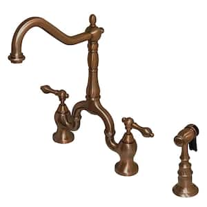 English Country 2-Handle Bridge Kitchen Faucet with Side Sprayer in Antique Copper