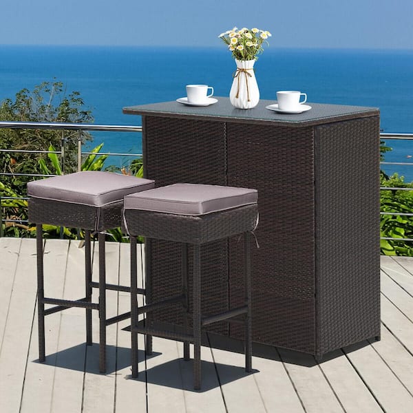 3 Piece Rattan WickerOutdoor Serving Bar Set with Gray and Off White Cushions