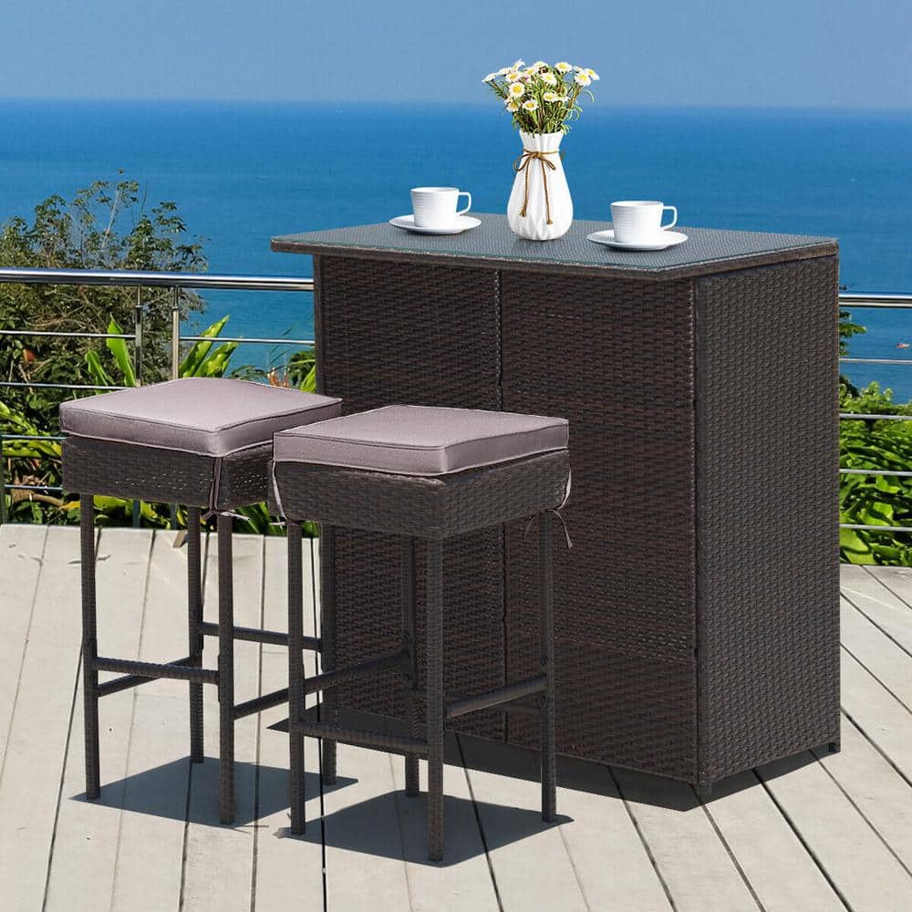 3 Piece Rattan WickerOutdoor Serving Bar Set with Gray and Off White Cushio
