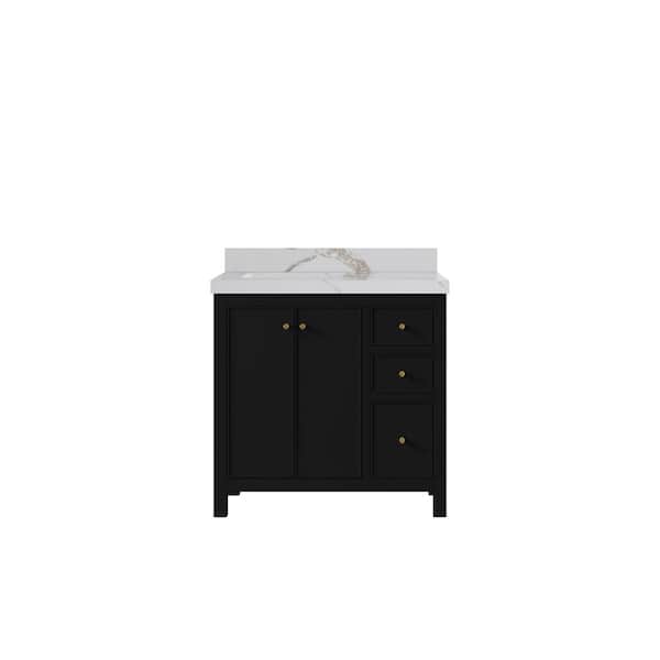 Willow Collections Chicago 36 in. W x 22 in. D x 36 in. H Single Left Offset Sink Bath Vanity in Black with 2 in. Calacatta Gold qt. Top
