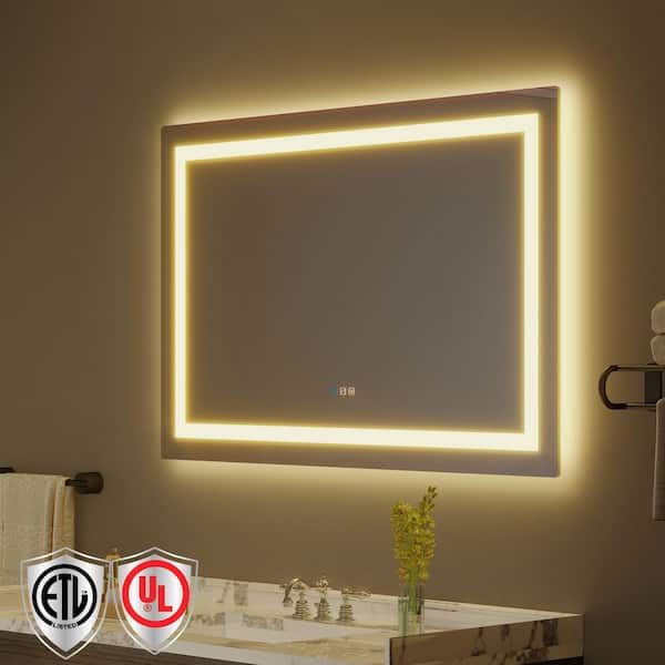 55 in. W x 36 in. H Rectangular Frameless Anti-Fog LED Light Wall Bathroom Vanity Mirror with Backlit and Front Light