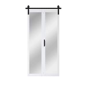 40 in. x 84 in. 1-Lite Mirrored Glass White Finished Composite Bi-Fold Sliding Barn Door with Hardware Kit