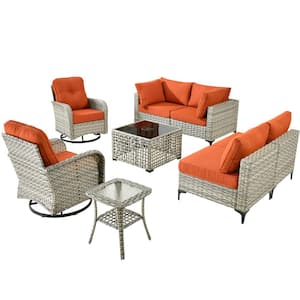 Holston 8-Piece Wicker Modern Outdoor Patio Conversation Sofa Sectional Set with Swivel Chairs and Orange Red Cushions