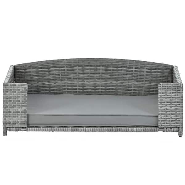 Sudzendf Gray Wicker Outdoor Dog Bed, Pet Bed Day Bed with Gray Cushions