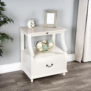 Mabel Marble 1-Drawer White Nightstand 28.25 in. H x 24.0 in. W x 18.0 in. D