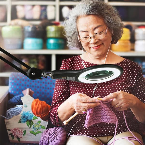 Lightview Pro 33 in. Classic Black Plug-in Adjustable Swing Arm Integrated 2.25X Magnifying LED Desk Clamp Lamp