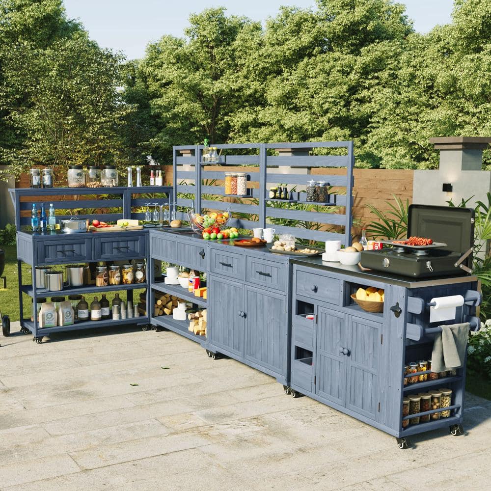4-Piece Gray Outdoor Rolling Kitchen Island with Sink and Faucet Storage Cabinets for Garden price history on PriceWatchPro