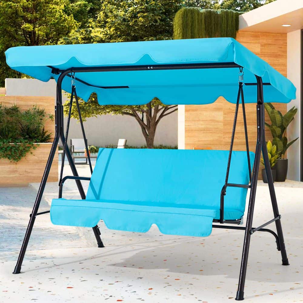 2-Person Black Metal Patio Swing with Light Blue Cushions and Adjustable Ca