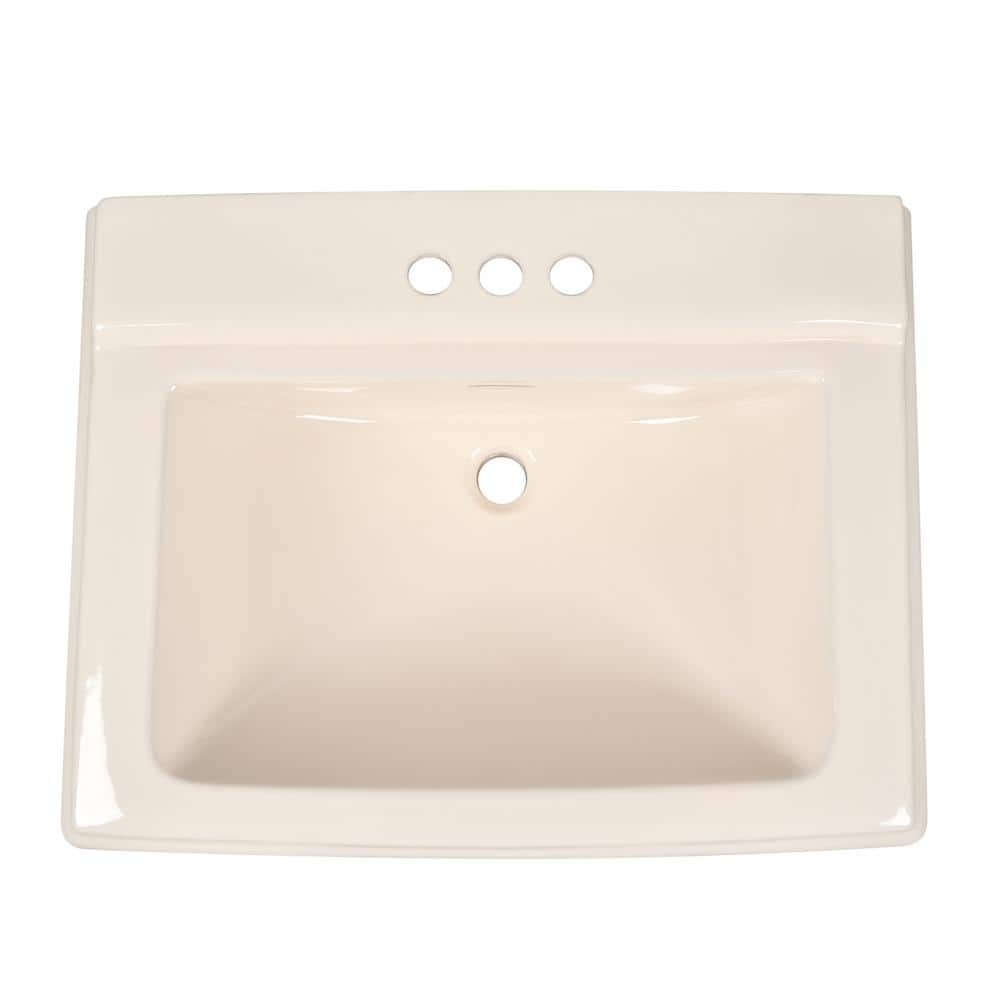 Bone Ceramic Rectangular Pedestal Bathroom Sink with Triple Faucet Holes
