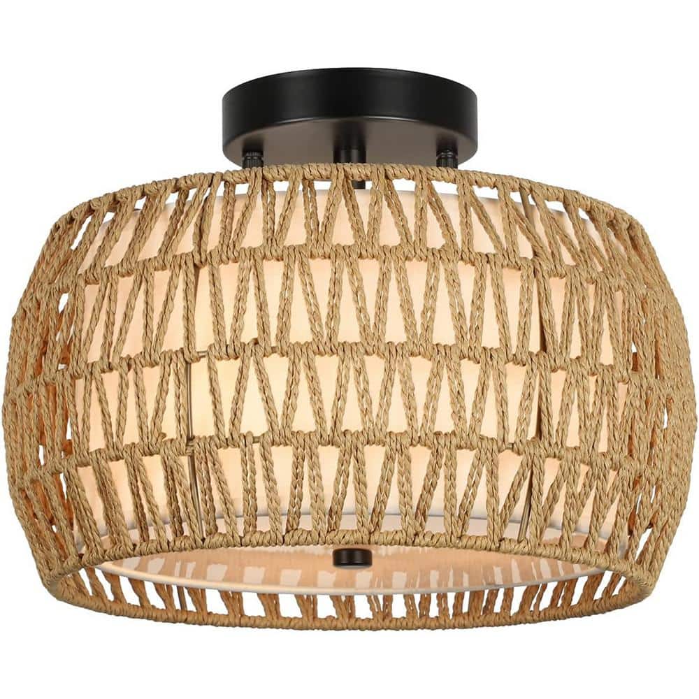 Brown 1-Light Woven Rattan Semi Flush Mount Ceiling Light, Pendant Light wi