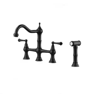 Double Handle Bridge Kitchen Sink Faucet with Side Sprayer in Black