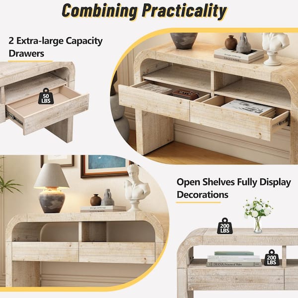 52 in. Natural Wood Console Table with Shelves & Drawers