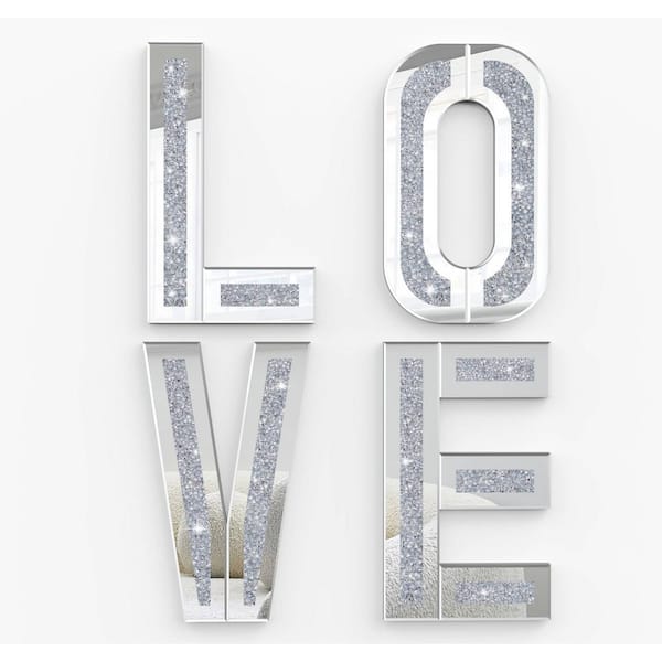 THKSHOUZ Silver 20 in. W x 11.8 in. H Modern Irregular Glass Framed Decorative Mirror 4-Piece Handmade Mirror Letters Wall Decor