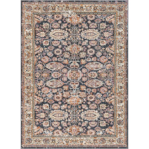 Well Woven Rodeo Parker Vintage Bohemian Oriental Floral Border Dark Blue 7 ft. 10 in. x 9 ft. 10 in. Area Rug