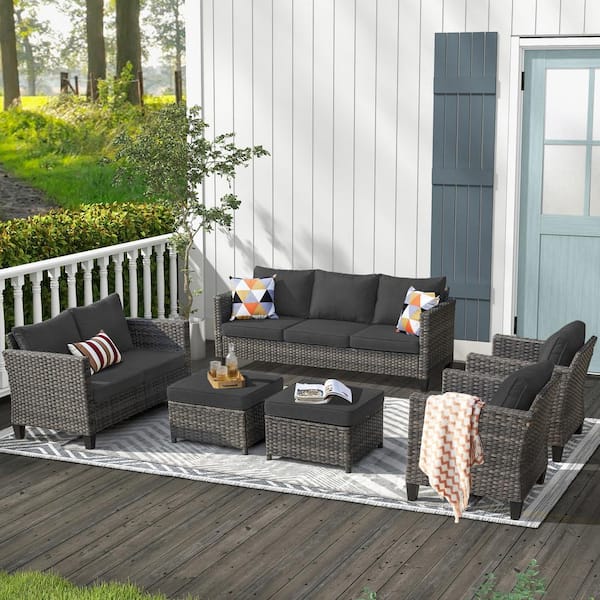 XIZZI Megon Holly Gray 6-Pcs Wicker Outdoor Patio Conversation Seating Set and Loveseat with Black Cushions