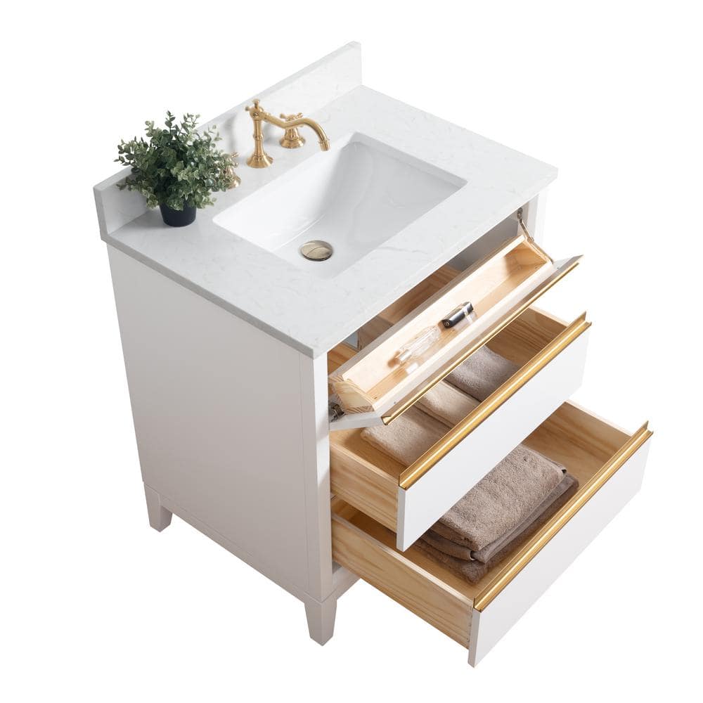 White Poplar Wood Single Bathroom Vanity with Marble Top