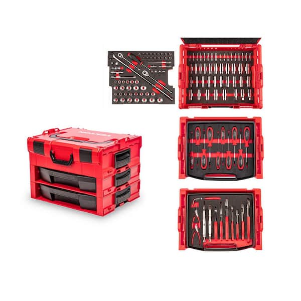 1/4,3/8 in. Drive 6-Point Socket and Ratchet, Screwdriver, and Pliers Set in Modular Stacking Tool Box (127-Piece)