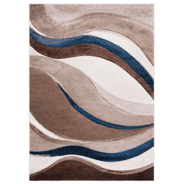 Hollywood 2 ft. x 3 ft. Beige/Blue Gradient Waves Area Rug