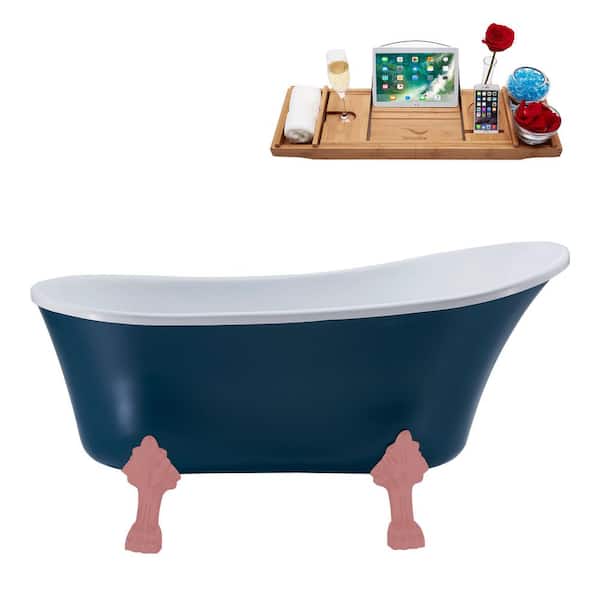 Streamline 55 in. x 26.8 in. Acrylic Clawfoot Soaking Bathtub in Matte Light Blue, Matte Pink Claw Feet, Matte Pink Drain