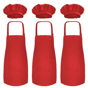 18 in. x 23.5 in. Kid's Apron with Chef Hat Set (3 Set) - Skin-Friendly Children's Bib with Pocket - (Red)