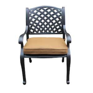 Black Aluminum Stackable Elegant Metal Patio Outdoor Dining Chair with Brown Cushion (1-Pack)