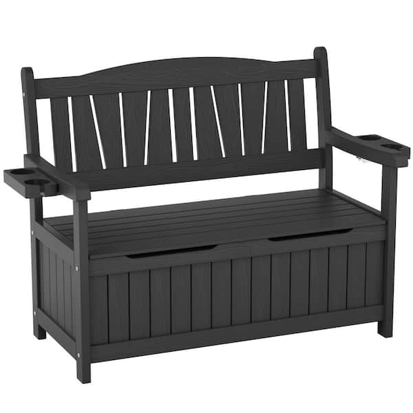 Mximu 43 Gal. Black Plastic Outdoor Storage Bench with Double Cup Holders