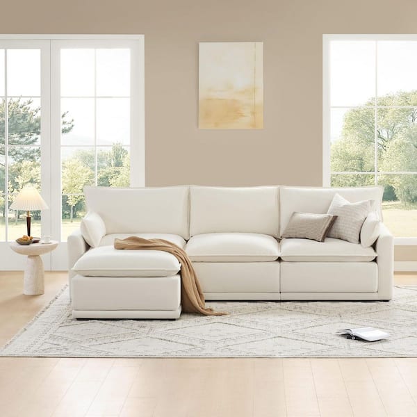 Kian 112.6 in. Square Arm Fabric Oversized 3-seat Modular Sofa with Ottoman High Back and Solid Wood Legs in. Cream/4PCL