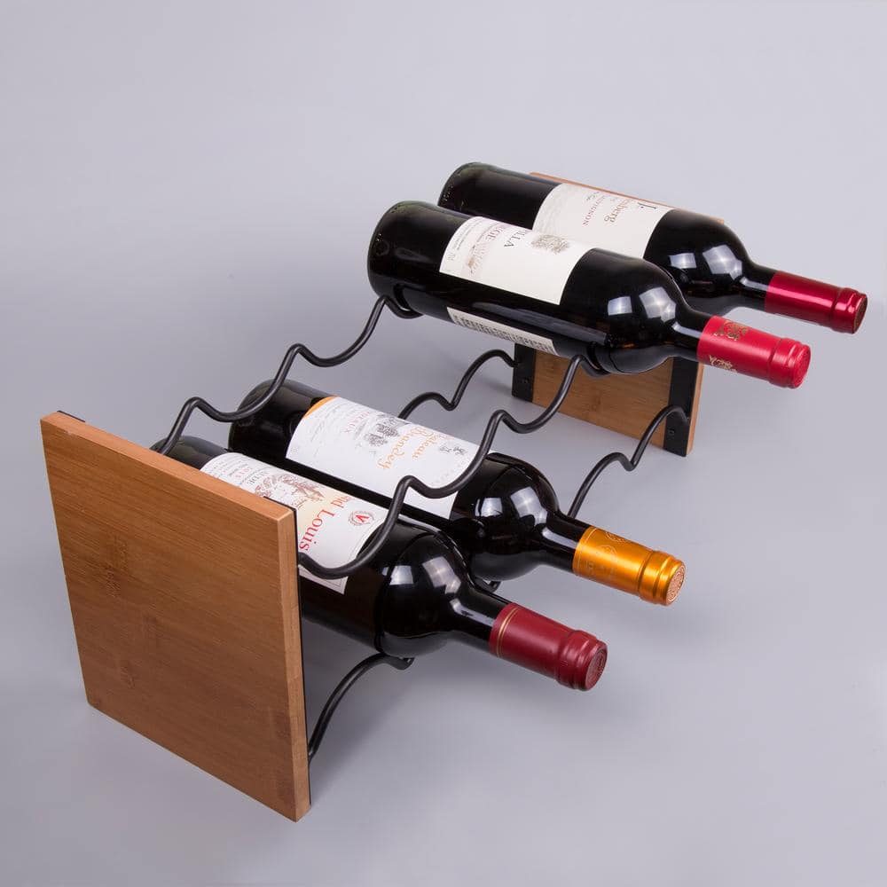 Acacia Wood and Black Steel 6-Bottle Wine Rack