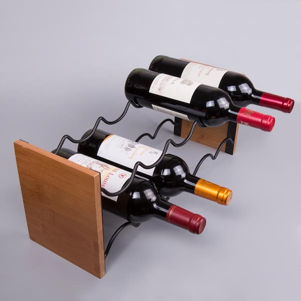 Acacia Wood and Black Wire Wine Rack, Whine Bottle Holder, Free Standing Wine Bottle Rack