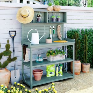 46.9 in. W x 65 in. H Fir Wood Potting Bench Table with 4 Storage Shelves and Side Hook, Garden Large Patio Workstation