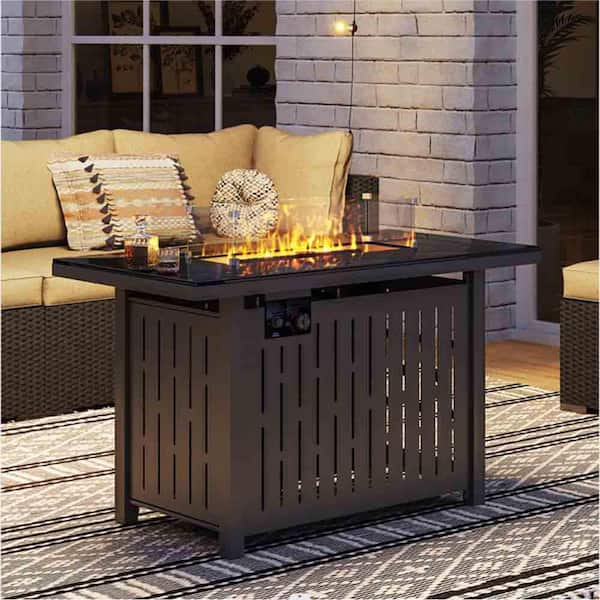 OUPES 50,000 BTU Black Rectangular Metal Fire Pit Table with Guard ...