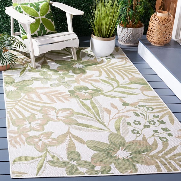 Courtyard Ivory/Green 5 ft. x 8 ft. Botanical Leaves Indoor/Outdoor Area Rug