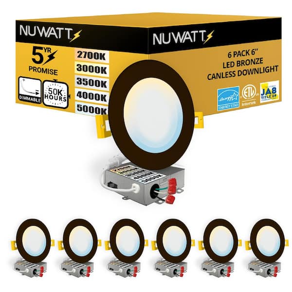 6 in. LED Bronze Round Ultra Slim Canless Integrated LED Recessed Light Kit 5 CCT 2700K-5000K Dimmable IC Rated (6-Pack)