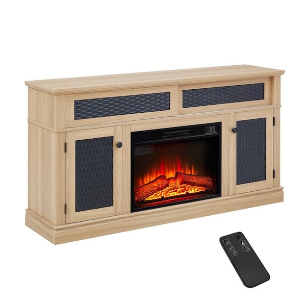 Farmhouse 58 in. Freestanding Wood Electric Fireplace TV Stand with Embossed Doors and Storage in Light Oak