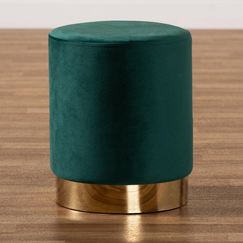 Green Velvet Round Tufted Ottoman with Gold Base