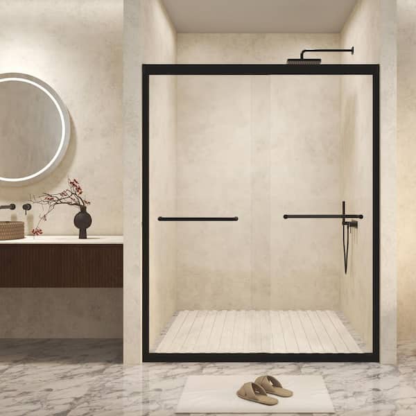 60 in. W x 72 in. H Aluminum Frame Double Sliding Shower Door in Matte Black with Explosion Proof Film