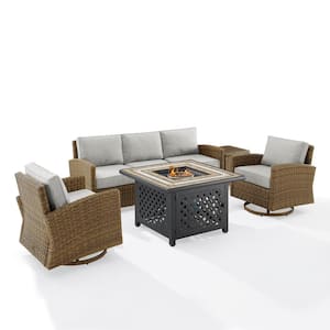 Bradenton Weathered Brown 5-Piece Wicker Patio Fire Pit Set with Gray Cushions