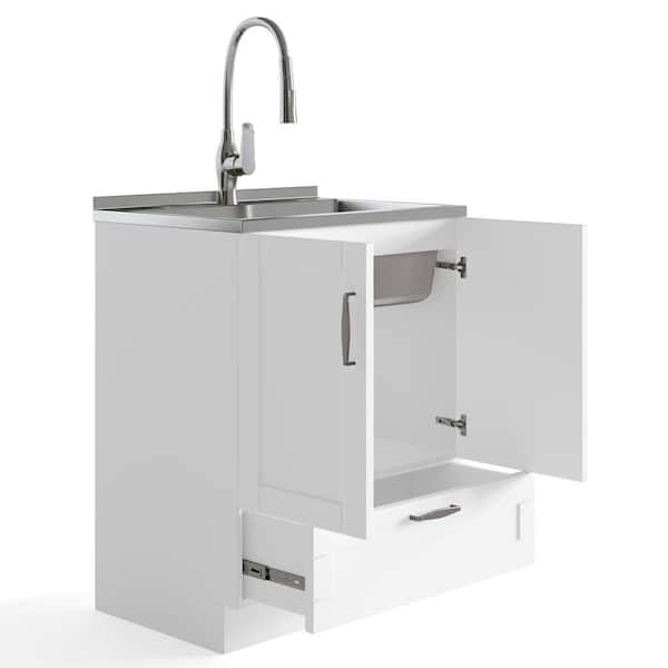 Simpli Home Reed All-in-One 28 in. Utility Laundry Sink with Cabinet in Pure White