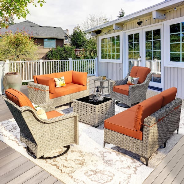 OVIOS Supery Gray 8-Piece Wicker Patio Conversation Set with Bold-Stripe Orange Red Cushions and Swivel Rocking Chairs