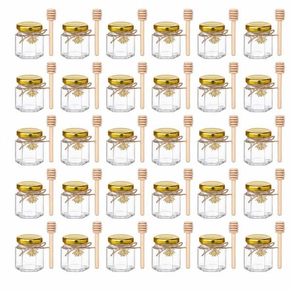30-Piece Glass Honey Jars Set with Wood Dippers, Gold Lids, and Bee Pendants