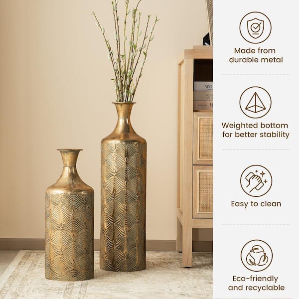 Glitzhome Metal Antique Gold Gingko Floor Vases Set of 2
