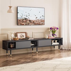 80 in. Mid Century Modern TV Stand for TVs Up to 90 in. Television Entertainment Center for Living Room in Black Marble