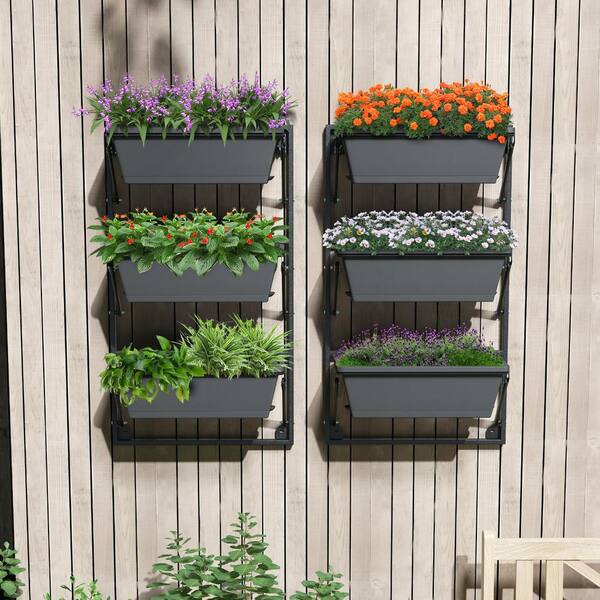 ANGELES HOME 21.5 in. L x 16.5 in. W x 41 in. H Black Metal Hanging Planter Wall-Mounted Adjustable Raised Beds with Detachable Hooks