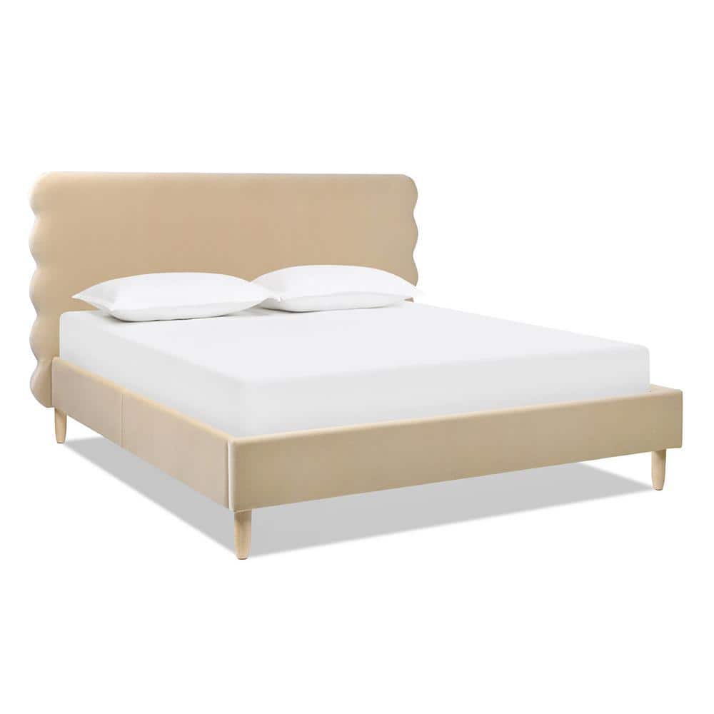 King Fawn Brown Velvet Upholstered Platform Bed with Wavy Headboard