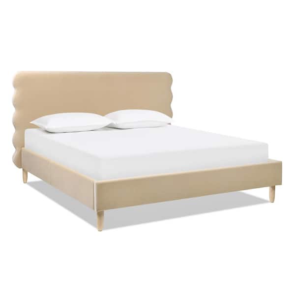 Jennifer Taylor Stockholm Fawn Brown Performance Velvet Modern Wood Frame King Platform Bed with Wavy Headboard