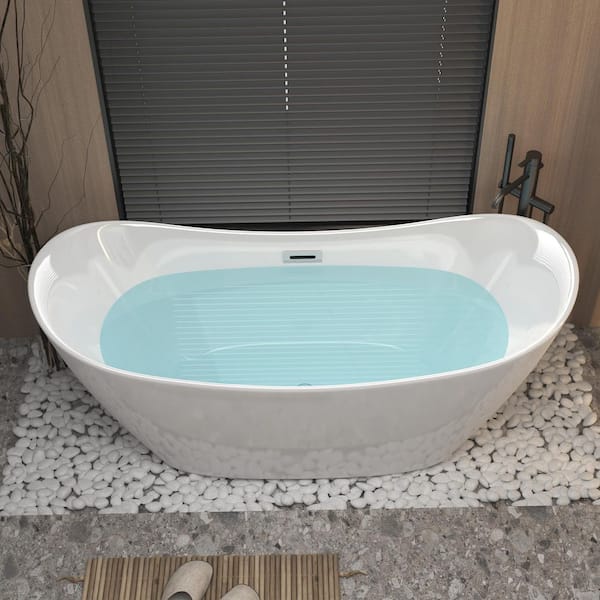 67 in. Acrylic Oval Freestanding Double Slipper Non Whirlpool White Soaking Hot Bathtub with Chrome Overflow and Drain