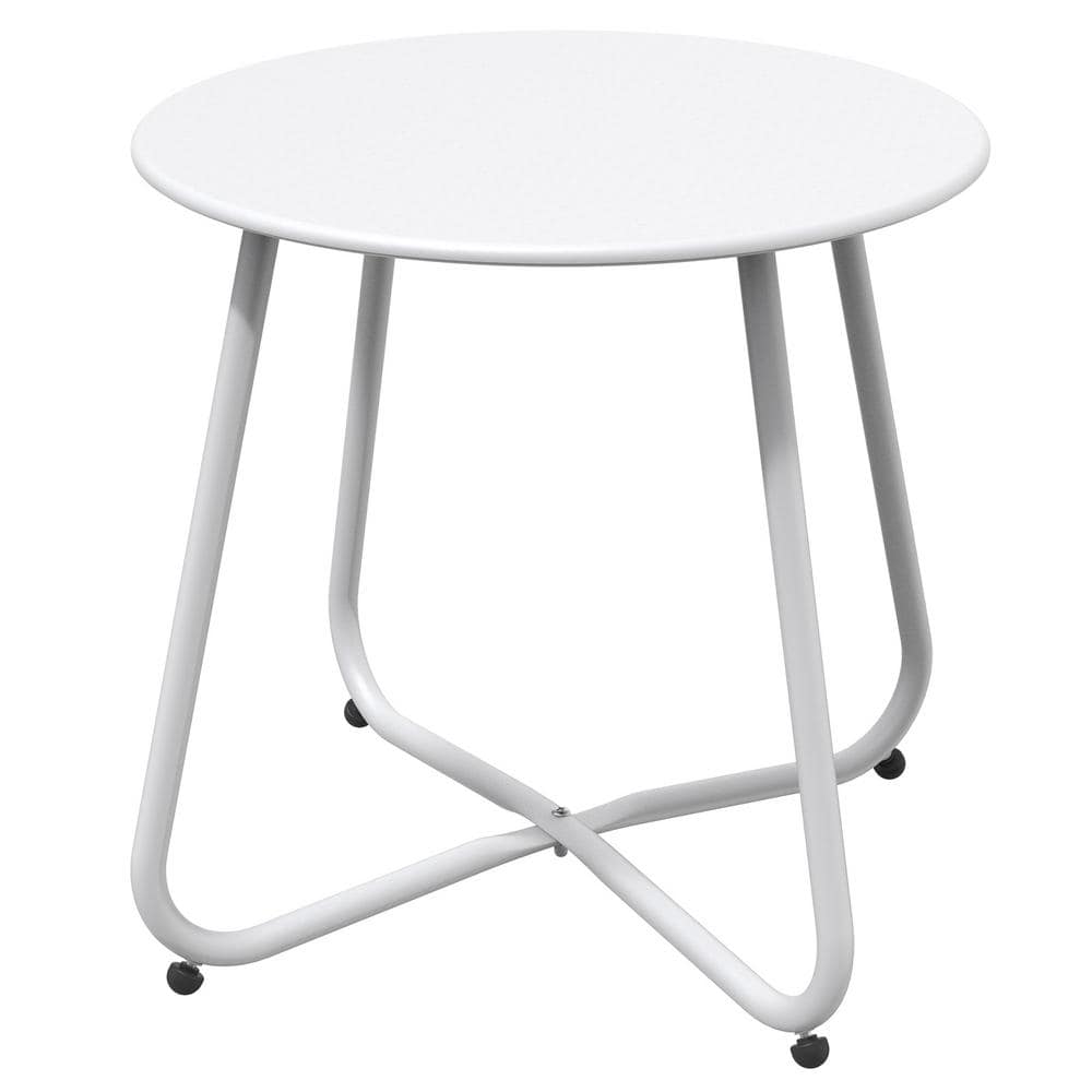 White Outdoor Patio Side Table, Weather-Resistant Metal Round with Adjustab