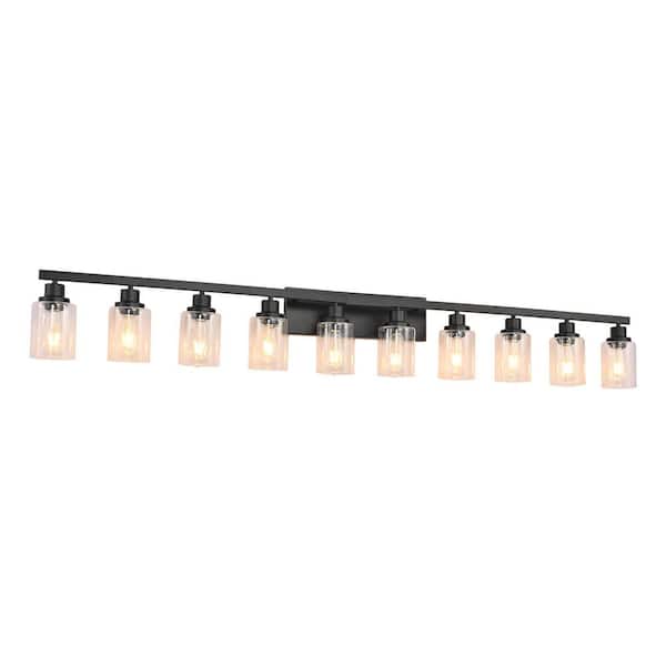 Modern 65 in. 10-Light Black Vanity Light Wall Sconce with Glass Shades