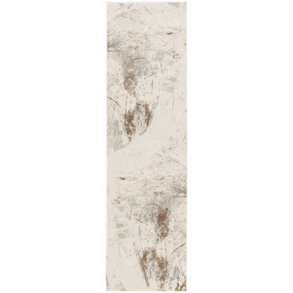 Nourison Desire Cream Grey 2 ft. x 8 ft. Abstract Contemporary Runner ...